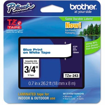 BROTHER INTERNATIONAL Brother P-Touch TZe Labeling Tape, 3/4inW, Blue on White TZE243